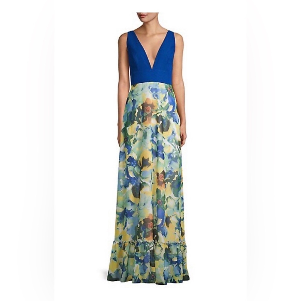 Aidan Mattox Floral V-Neck Maxi Dress with Ruffle